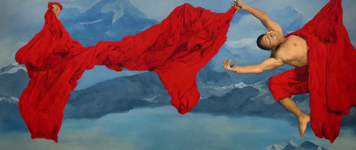 Prompt: abstract portrait of a tibetan monk in lotus position flying over himalaya mountains lake in weightlessness in liquid traditional red cloth. a lot of flying red fabric around, small foggy and blue gloomy, highly detailed, impressionism abstract surrealism science fiction paint by salvador dali, jeremy geddes