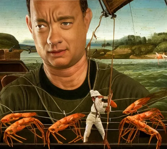 Image similar to Tom hanks as forrest fishing for shrimp in a giant shrimp boat, majestic beautiful world, renaissance painting, amazing detail