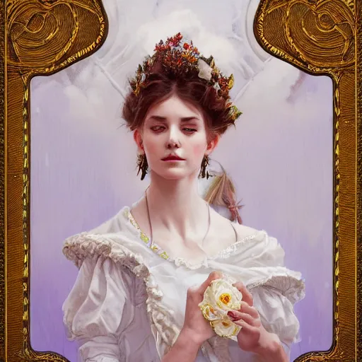 Prompt: a sweet queen with a decorated dress made of white cotton roses and white and cream plumes of swan, highly detailed, digital painting, Trending on artstation , HD quality, by artgerm and greg rutkowski and alphonse mucha, dramatic light, octane