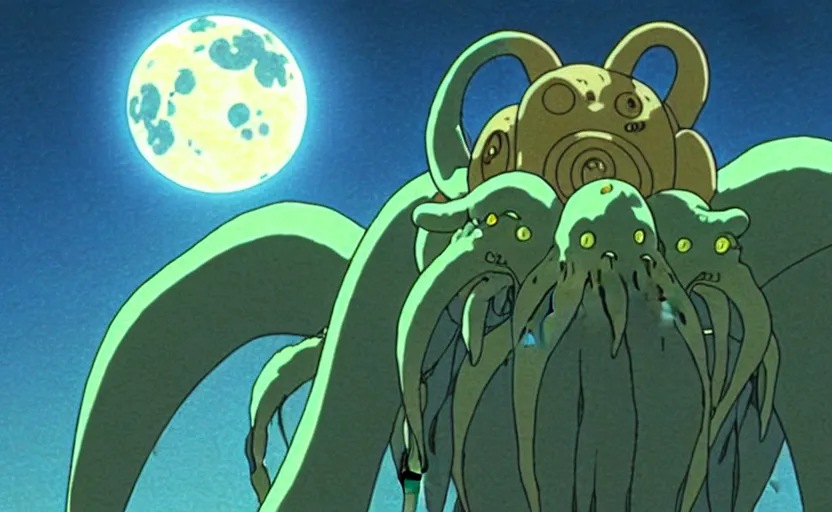 Prompt: a still from a studio ghibli movie of a cartoon cthulhu from princess mononoke ( 1 9 9 7 ) firing laser beams from its eyes in front of a pale full moon, full body, wide shot, very dull muted colors, studio ghibli, highly detailed, deviantart, art by artgem