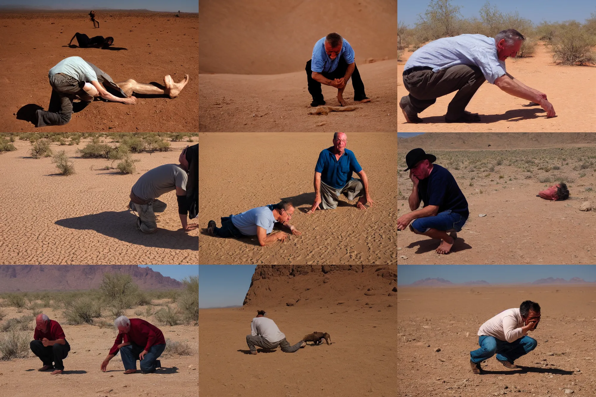 Prompt: one uncle crawling on his knees with a big nose, in desert