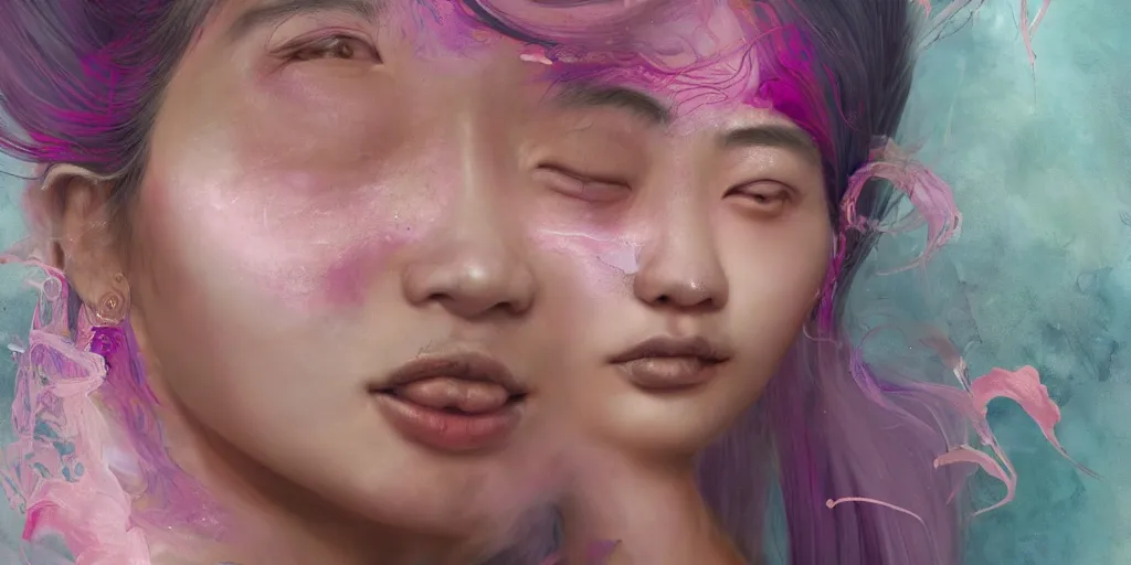 Prompt: a portrait of a very beautiful young asian goddess, seductive smile, with pink and grey hair radiating swirling paint and impasto, sleepy eyes by wlop and monia merlo and fintan magee, background is multicoloured volume displacement, hyperrealism, subsurface scattering, arnold render, 8 k, houdini, xparticles