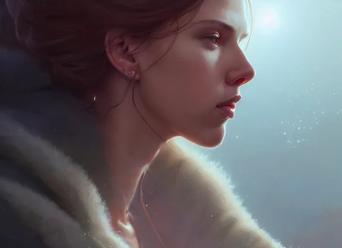 Image similar to highly detailed portrait of scarlett johansson, stephen bliss, unreal engine, art by greg rutkowski, loish, rhads, ferdinand knab, makoto shinkai and lois van baarle, ilya kuvshinov, rossdraws, tom bagshaw, global illumination, radiant light, detailed and intricate environment