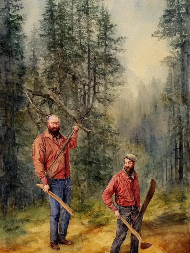 Image similar to a watercolor painting of a man wearing lumberjack clothes and holding a axe by william turner, forest in the background, warm colors, anatomically correct, five fingers, realistic and defined face, realistic, digital painting, masterpiece, watercolor, william turner, symmetrical, low contrast, warm