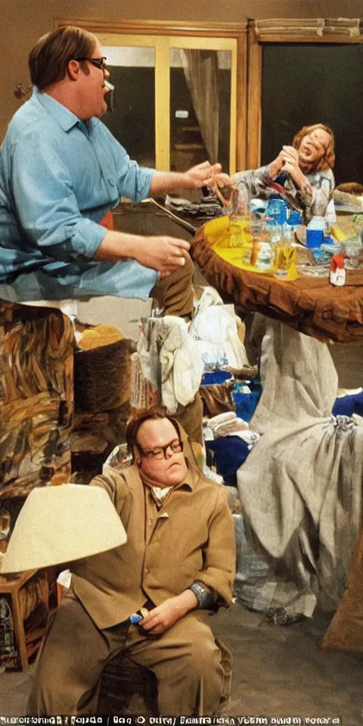 Prompt: matt foley living in a van down by the river playing beer pong with salvador dali in the style of vermeer