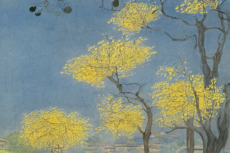 Prompt: an ultradetailed landscape painting of westlake in china hangzhou, light yellow may flowers blossoms nearby, autumn wind, chinese water color, smooth, sharp focus, illustration, by hilma af klint