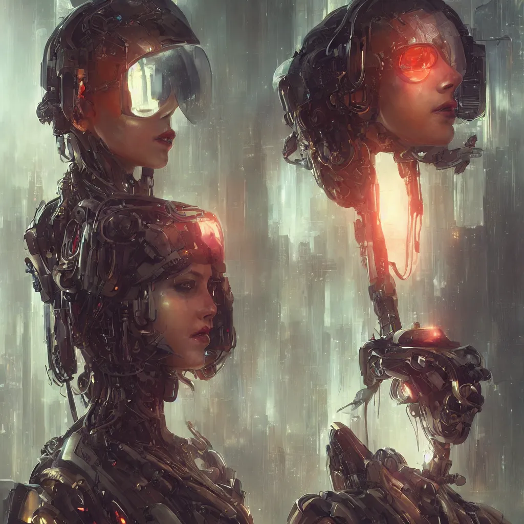 Prompt: portrait of a cyberpunk beautiful young woman by Greg Rutkowski, biomechanical, highly detailed portrait, Blade Runner background, futuristic, digital engine, luminous, vapor