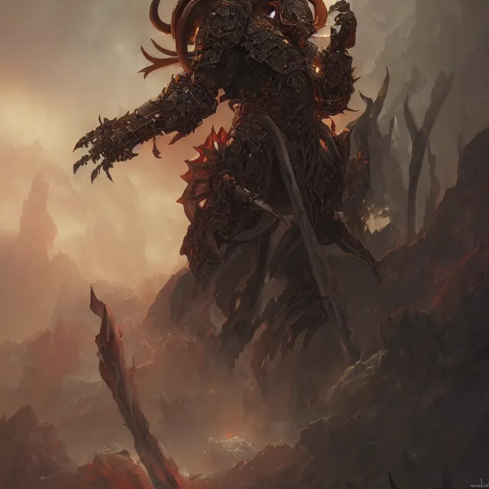 Prompt: a demon lord in abyssal armor, painted, 4k artwork, trending on artstation, octane render, art by artgerm and greg rutkowski and alphonse mucha and craig mullins and James Jean and Andrei Riabovitchev and Marc Simonetti and peter mohrbacher