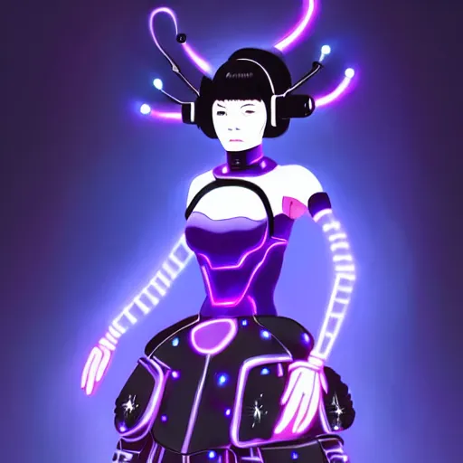 Prompt: a beautiful! bjork model, wearing futuristic cyber leather dress with incredibly intricate glowing purple led lights, jrpg aztec street fashion, gapmoe yandere grimdark, trending on pixiv fanbox, painted by greg rutkowski makoto shinkai takashi takeuchi studio ghibli, akihiko yoshida