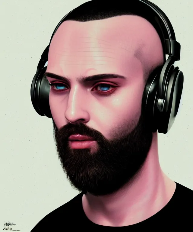 Image similar to Portrait of a male DJ, eastern european origin, sci-fi, pink eyes, face, shaved head, beard, Headphones, fantasy, LSD Dream Emulator, intricate, elegant, backlit, highly detailed, digital painting, artstation, concept art, smooth, sharp focus, illustration, art by artgerm and greg rutkowski and alphonse mucha