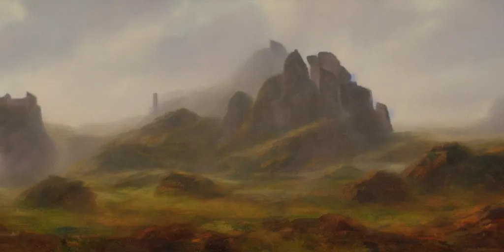 Prompt: painting of rocky highlands covered in mist with a ruined castle in the far distance, muted colors