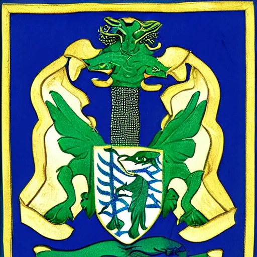 Prompt: coat of arms depicting a green sea dragon on a blue shield