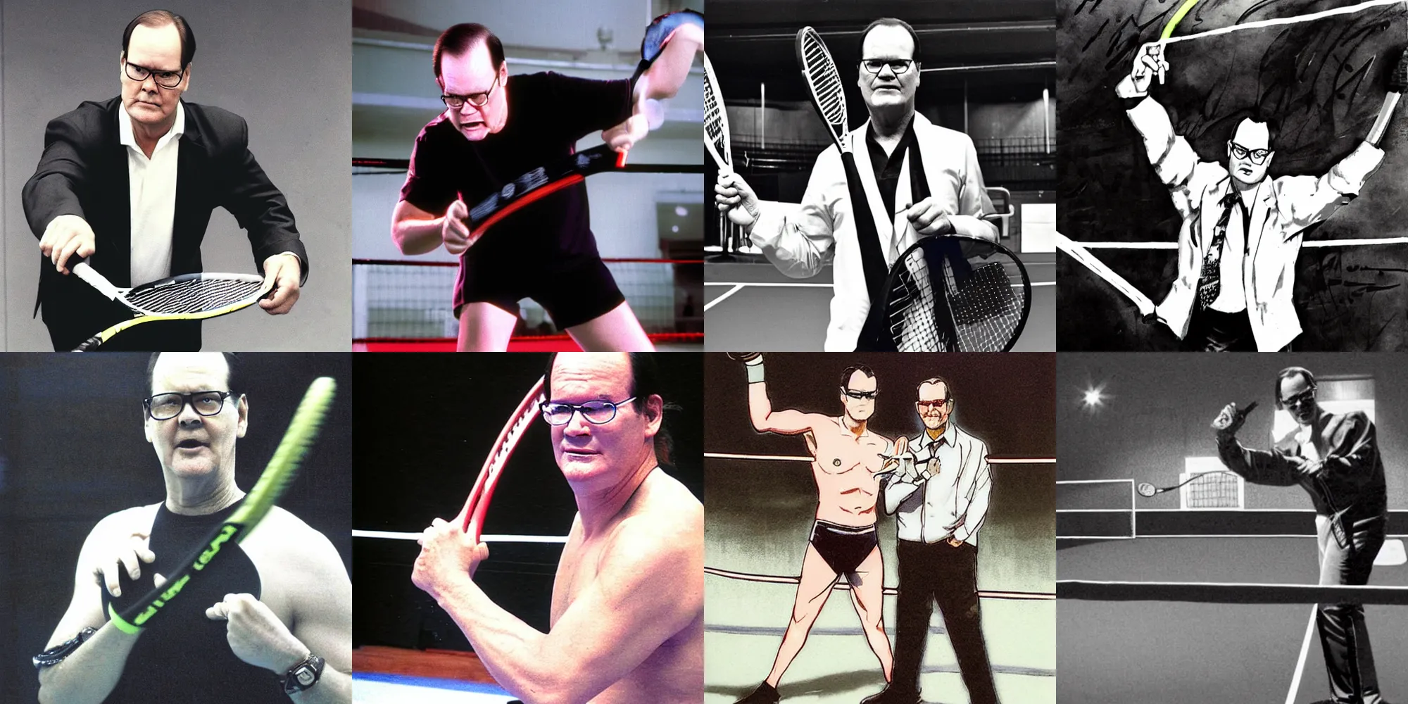 Prompt: jim cornette holding a tennis racket outside a wrestling ring, intimidating, intense, thought provoking, highly detailed, by yohi shinkawa