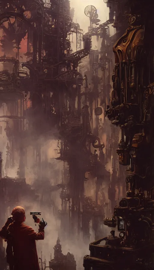 Image similar to hyper realistic photographer looking through camera towards viewer, magical, steampunk, hell boy, painted by mike mignola, craig mullins, j. c. 8 k