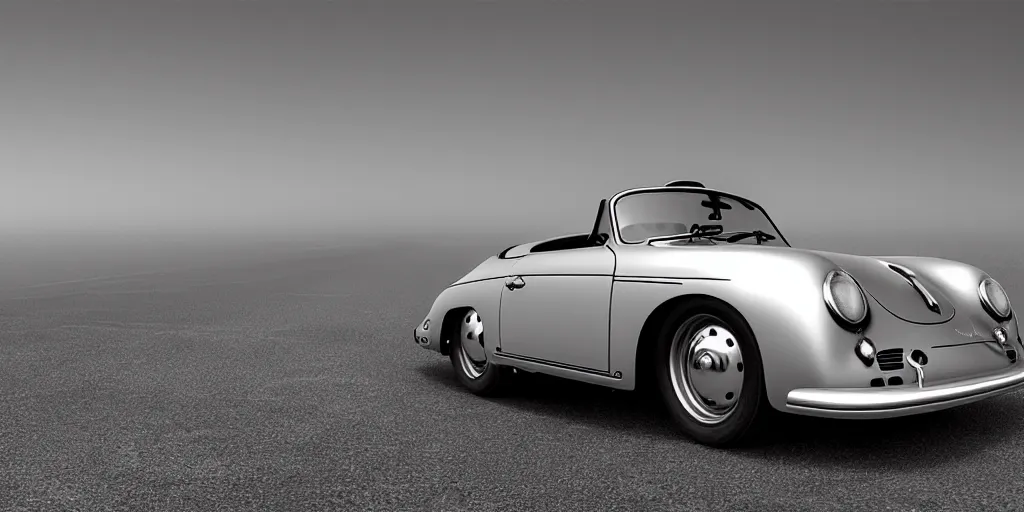 Prompt: abadoned silver porsche 356 roadster, roof up, red interior, at a car park next to a beach in california , morning, misty, unreal engine