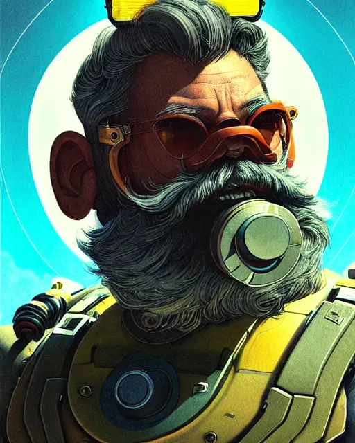 Image similar to winston from overwatch, josh brolin, gray hair and beard, character portrait, portrait, close up, concept art, intricate details, highly detailed, vintage sci - fi poster, retro future, in the style of chris foss, rodger dean, moebius, michael whelan, and gustave dore