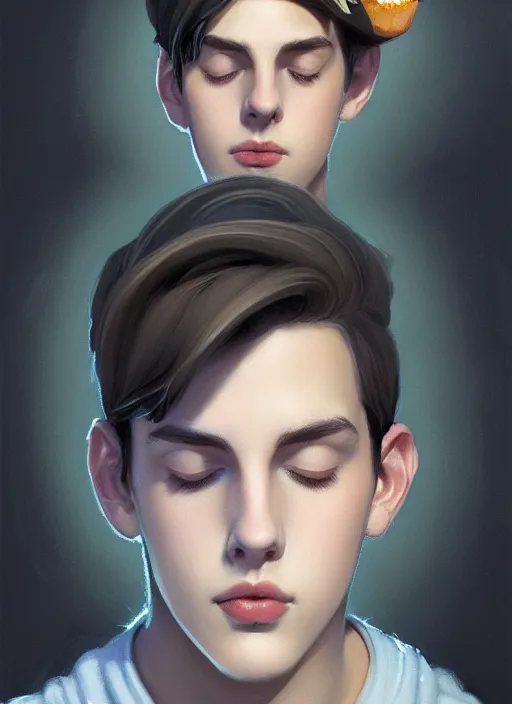 Image similar to portrait of teenage jughead jones wearing a light grey crown, crown, hamburger background, eyes closed, crown, black hair, intricate, elegant, glowing lights, warm lighting, highly detailed, digital painting, artstation, concept art, smooth, sharp focus, illustration, art by wlop, mars ravelo and greg rutkowski