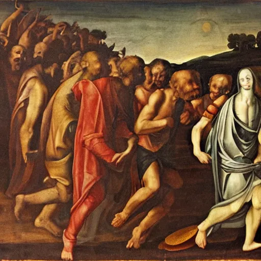 Prompt: alien walking between people, Renaissance painting style, detailed faces