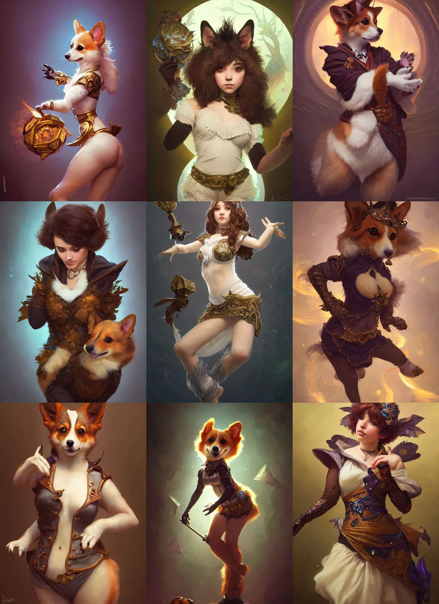 Prompt: photography of a short female anthropomorphic corgi fursona dancer, deep focus, d & d, fantasy, intricate, elegant, highly detailed, digital painting, artstation, concept art, matte, sharp focus, illustration, hearthstone, art by artgerm and greg rutkowski and alphonse mucha