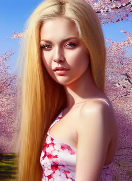 Image similar to photo of a gorgeous blonde female in the style of stefan kostic, realistic, half body shot, sharp focus, 8 k high definition, insanely detailed, intricate, elegant, art by stanley lau and artgerm, extreme blur cherry blossoms background