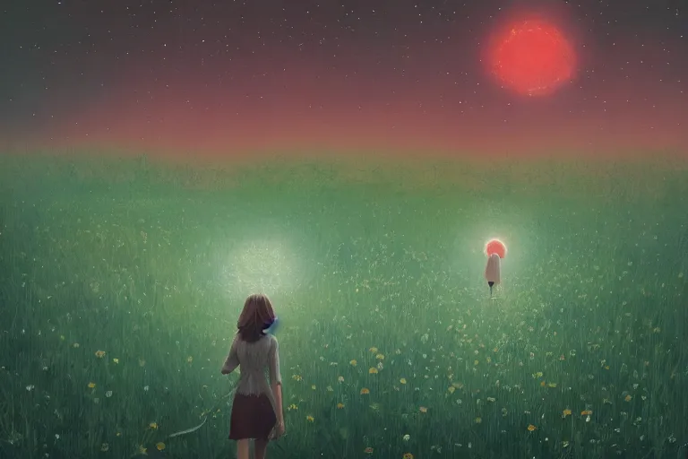 Image similar to giant daisy flower as a head, girl walking in forest, surreal photography, dark night, stars, moon light, impressionist painting, clouds, digital painting, artstation, simon stalenhag