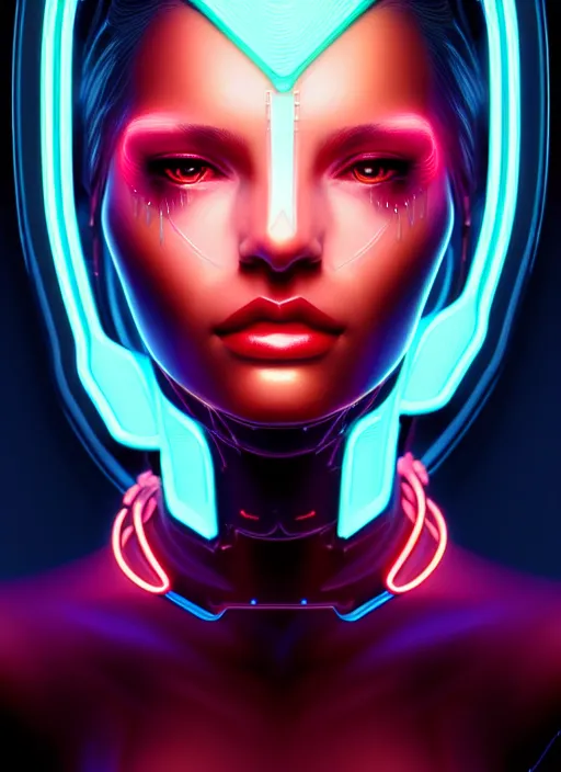 Prompt: portrait of female cyber humanoid, intricate, elegant, cyber neon lights, highly detailed, digital painting, artstation, glamor pose, concept art, smooth, sharp focus, illustration, art by artgerm and greg rutkowski