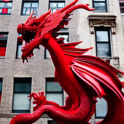 Prompt: a red flying dragon in the streets of New-York city