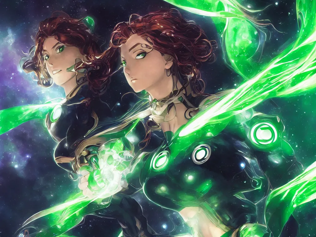 Image similar to anime key visual of one beautiful female green lantern, dc comics, power, hope, glowing, intricate, in space, stunning, highly detailed, digital painting, artstation, smooth, hard focus, illustration, art by artgerm and greg rutkowski and alphonse mucha