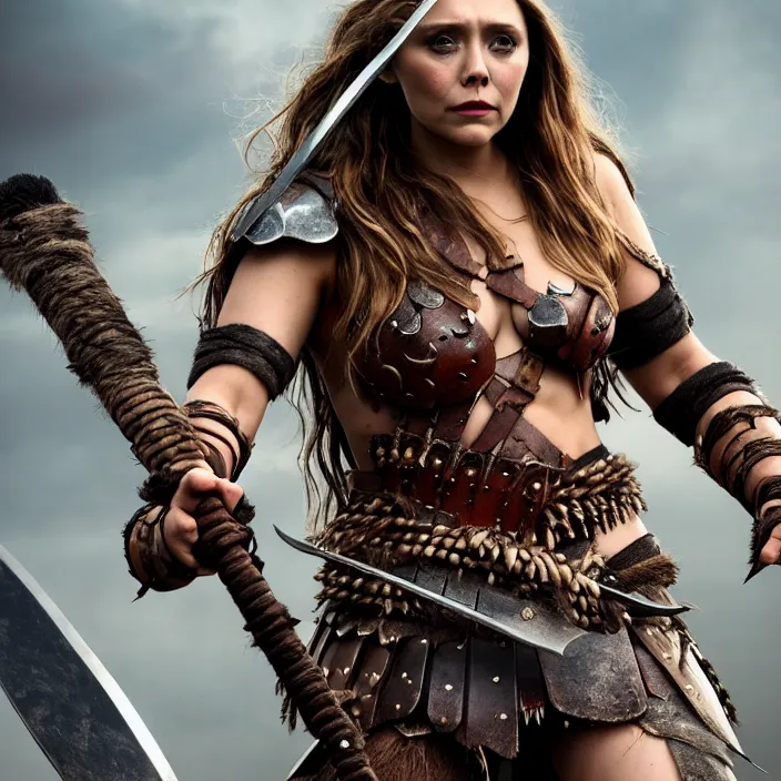 Prompt: professional full length photograph of elizabeth olsen as a barbarian warrior. Extremely detailed. 8k