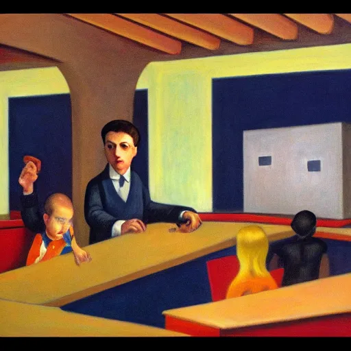 Image similar to giant baby professor giving a college lecture, lecture hall, dystopian, pj crook, edward hopper, oil on canvas