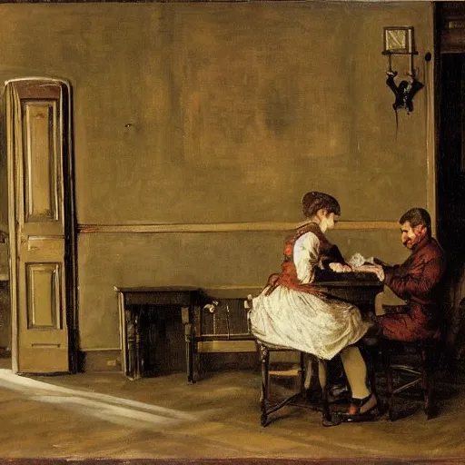 Image similar to a man and a woman solving an escape room puzzle, mysterious markings on the wall, by alfred stevens