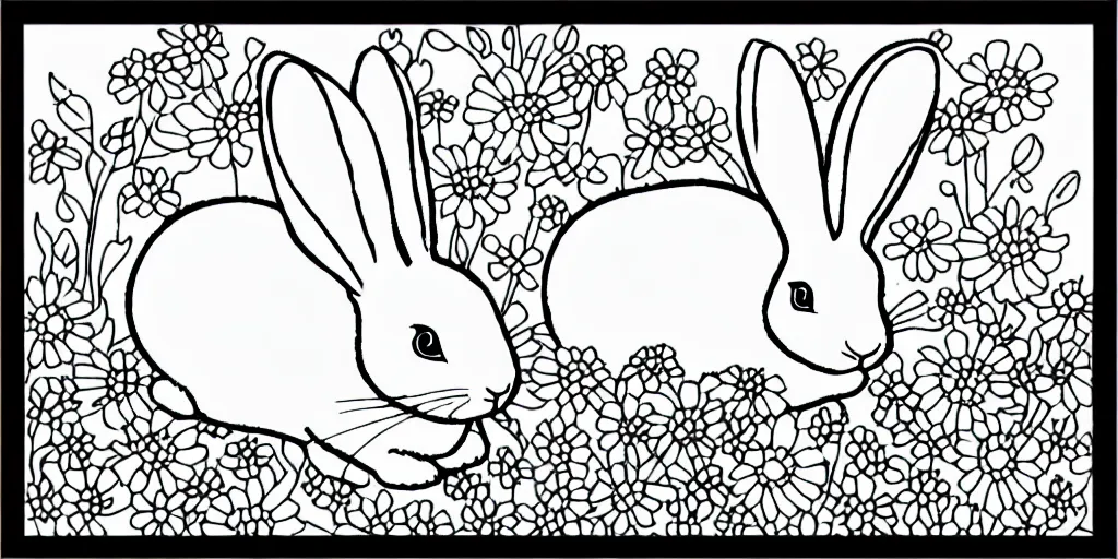 Image similar to Black and white coloring book page of a bunny rabbit and wildflowers