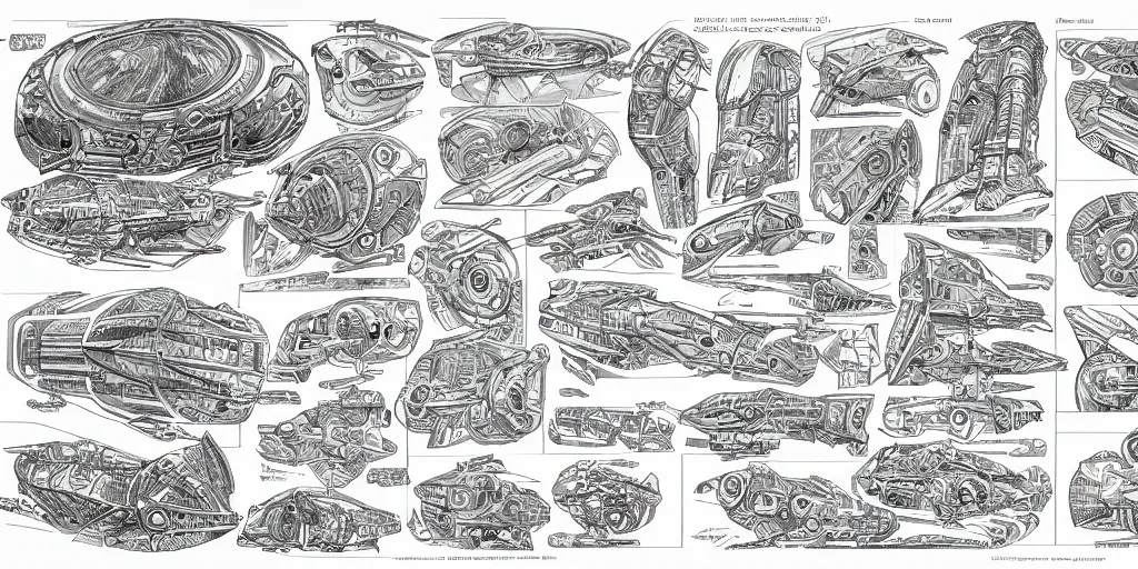 Image similar to highly detailed character sheet drawing, side view, sf interstellar travel drive designs, intricate and stylized spaceship designs