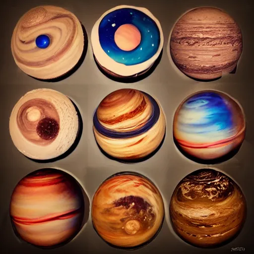 Image similar to A cake with all planets on it, behance, artstation