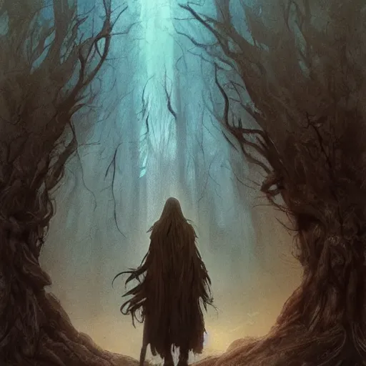Prompt: frontal portrait painting in the style of artstation of a druid standing alone at the beginning of time by greg rutkowski and alan lee and brian froud