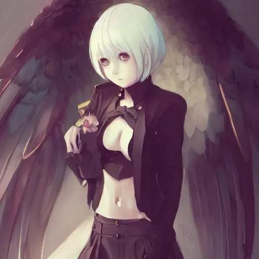 Image similar to cute anime girl bribing the district attorney. angel by krenz cushart and mucha and akihito yoshida and greg rutkowski, nier : automata inspired,