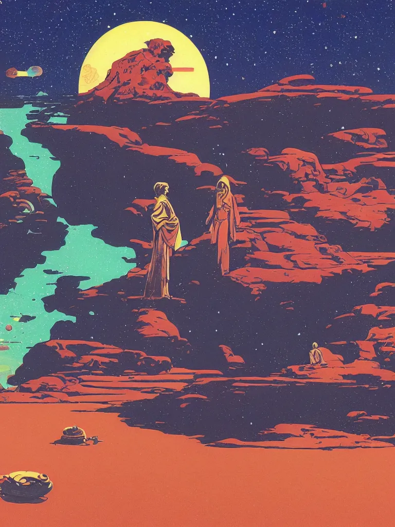 Prompt: a landscape of george harrison as a jedi, taking mind altering drugs, a blotter paper of lsd acid and dreaming psychedelic hallucinations in a vast star wars landscape, by kawase hasui, moebius, edward hopper, colorful flat surreal design, dramatic lighting, hd, 8 k, artstation
