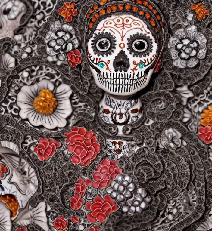 Image similar to La Catrina, A Close up photo-real delicate ceramic porcelain sculpture of a symmetrical ornate detailed in front of an intricate background by Victo Ngai and takato yamamoto, micro detail, backlit lighting, face in focus, subsurface scattering, translucent, thin porcelain, colorful, physically based rendering, japanese pottery, trending on cgsociety