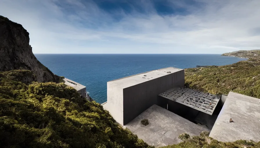 Image similar to big brutalist base perched on a cliff overlooking a magnificient bay, drawing architecture, pritzker architecture prize, greig fraser