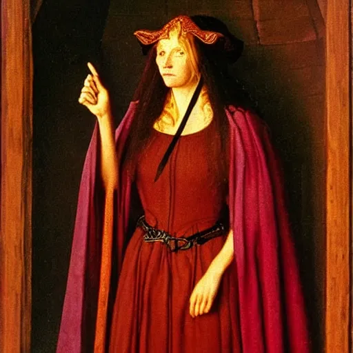 Prompt: portrait of beautiful witch circe in the odyssey, art by jan van eyck