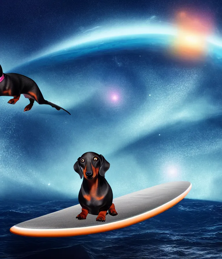 Image similar to black coat wiener dog surfing a surfboard on a crashing l wave of alien ocean in space, background is an alien galaxy, aliens in the background, alien colors, octane render, unreal engine, wide view, 8 k, high detaild