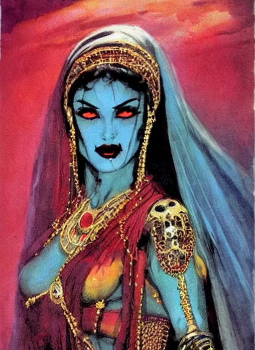 Image similar to female indian vampiress, jeweled veil, strong line, saturated color, beautiful! coherent! by frank frazetta, high contrast