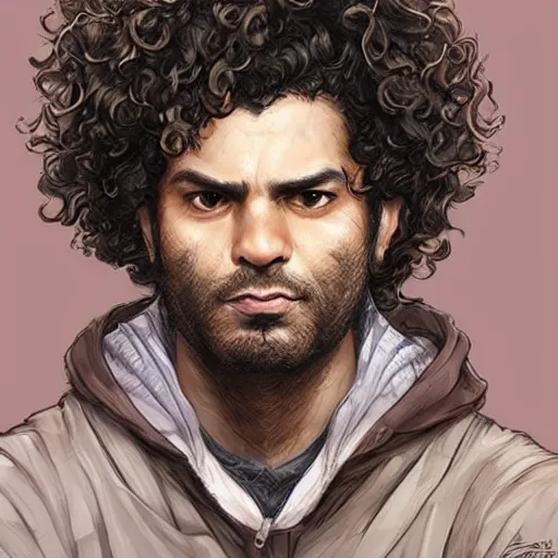 Image similar to a skeptical looking curly - haired persian programmer, by artgerm and greg rutkowski and magali villeneuve