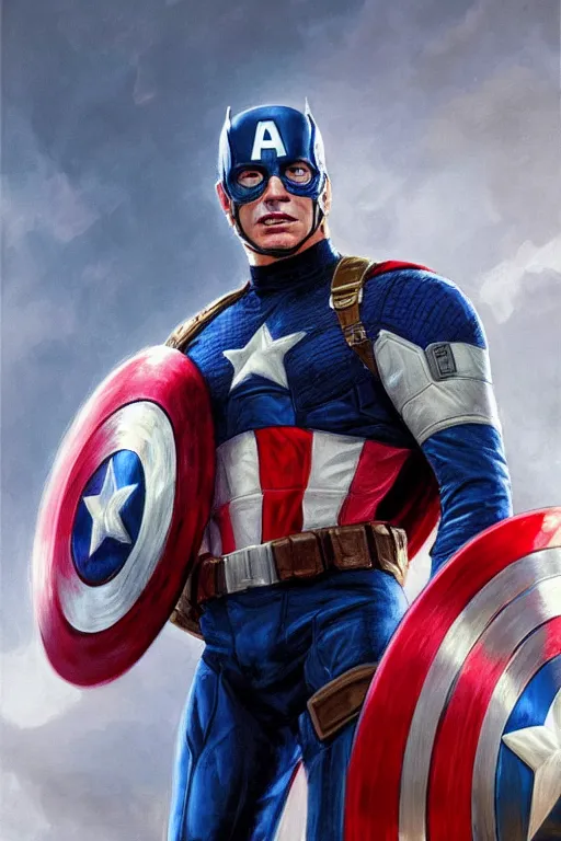 Image similar to a distant cinematic shot of Donald Trump as Captain America, D&D, fantasy, intricate, elegant, highly detailed, digital painting, artstation, concept art, matte, smooth, sharp focus, illustration, art by Artgerm and Greg Rutkowski and Alphonse Mucha, oil painting, 8k, hyper realistic