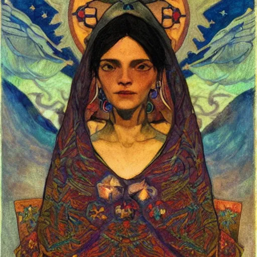 Image similar to the night crown, by Annie Swynnerton and Nicholas Roerich , embroidered robes, starry tattoos, elaborate costume, geometric ornament, symbolist, soft colors, dramatic lighting, smooth, sharp focus, extremely detailed