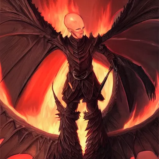 Image similar to full body anime style human in dragon form, bald, with a beard made of fire. fantasy style. very punk / alt aesthetic. wings and tail, a highly detailed, digital painting, artstation, concept art, matte, sharp focus, illustration, art by artgerm and greg rutkowski