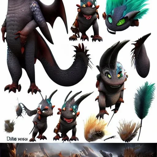 Prompt: Concept, 3d render sheet Dragon concept artwork character design by Disney Pixar, in the style of ‘how to train your dragon’, ‘luca’ etc, high detail, detailed feathers, textures, scales and fur, 3d render