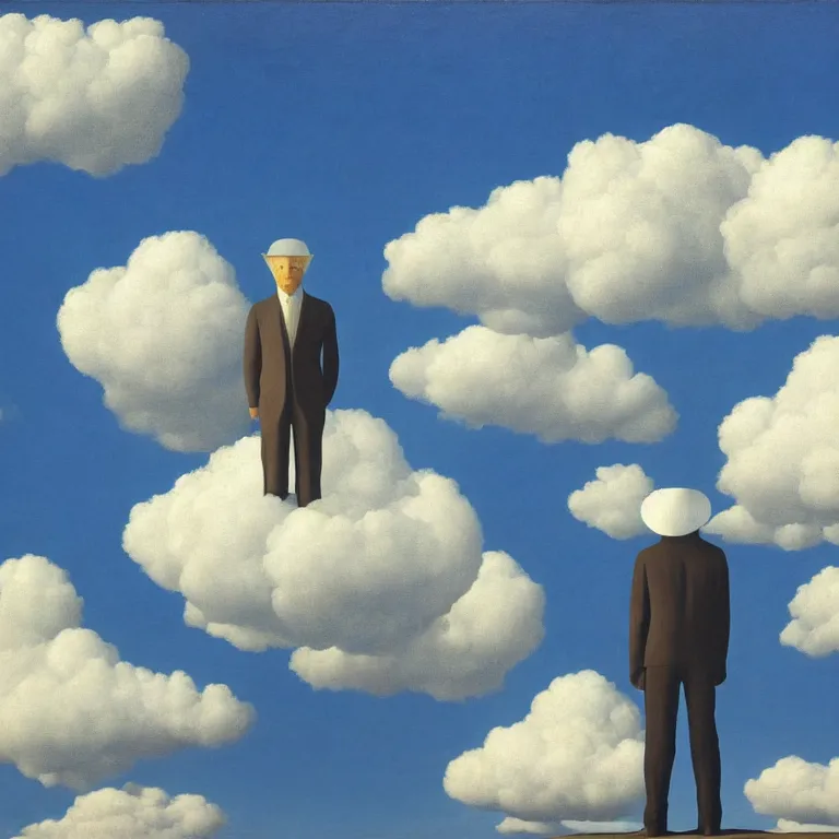 Image similar to cloud - man, by rene magritte, centered, detailed painting, hd, hq, high resolution, high detail, 4 k, 8 k