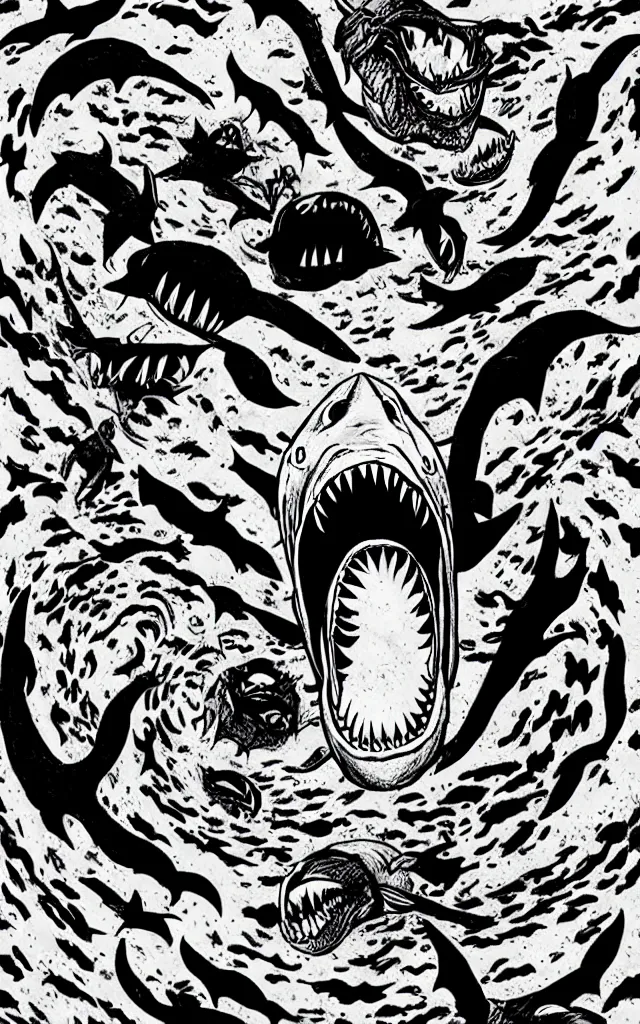 Image similar to Sharknado in the style of junji ito, manga, horror, spirals, faces, sharks, teeth