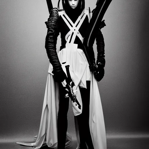 Image similar to fashion black and white photography of an extraterrestrial model, holding a sword, wearing demobaza fashion, inside berghain, berlin fashion, harness, futuristic fashion, dark minimal outfit, photo 3 5 mm leica, hyperdetail, berghain, 8 k, very detailed, photo by nick knight
